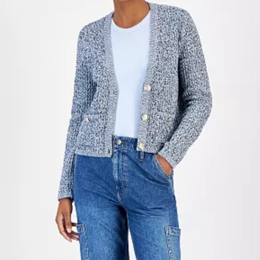 Tweed Style Chic Cotton Blues V-Neck Cardigan Sweater Gold Buttons size XL NEW